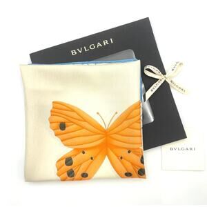 BVLGARI Crystal Butterfly Pattern White Blue Silk Scarf W/Bag